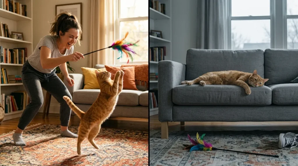 exercise indoor cat laser pointer — cat sprinting across apartment floor chasing a laser dot showing high-intensity cardio exercise followed by a physical toy catch