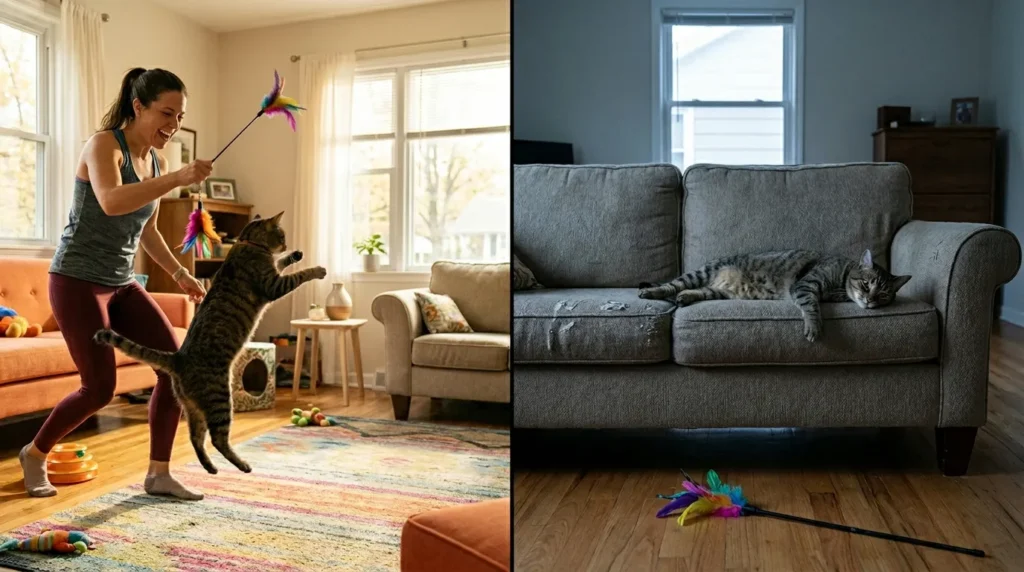 exercise indoor cat mistake — owner doing one intense play session then nothing for three days showing the inconsistency that cancels exercise benefits