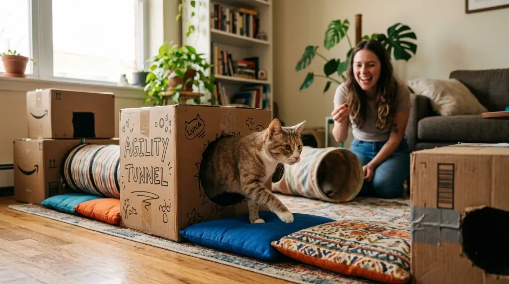 exercise indoor cat scatter feeding — cat hunting for hidden food portions around an apartment showing foraging movement as daily physical exercise