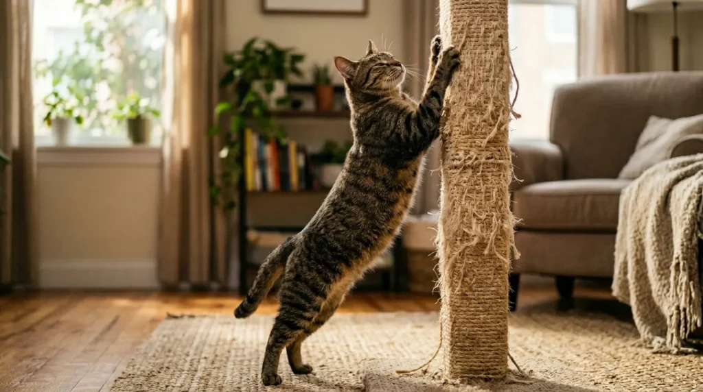 exercise indoor cat scratching post stretching — cat fully extended in a vertical scratch on a tall sisal post showing the back leg and spine stretch this provides