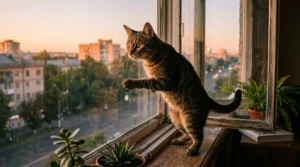 indoor cat exercise timing — active alert cat at an apartment window at dawn showing the natural crepuscular peak period for physical activity sessions