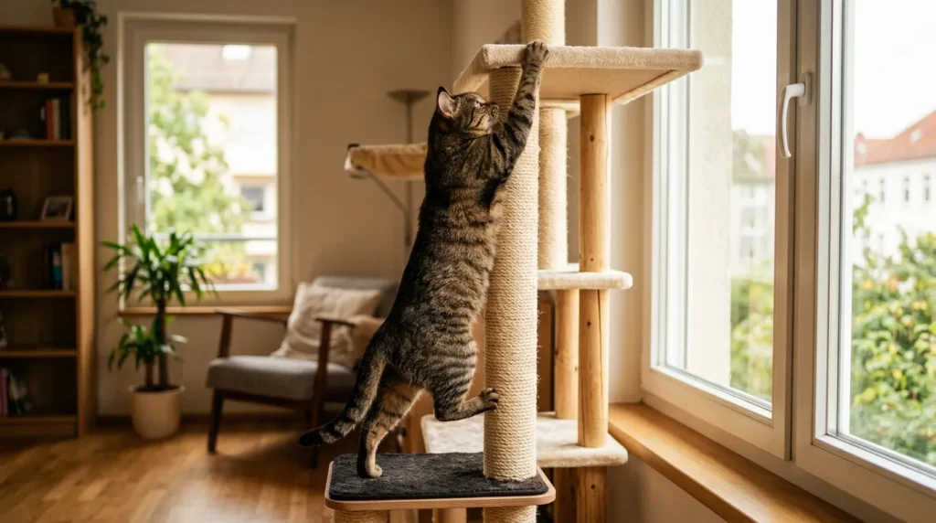 exercise indoor cat vertical climbing — cat climbing between platforms on a tall cat tree using full body muscle engagement as daily physical exercise