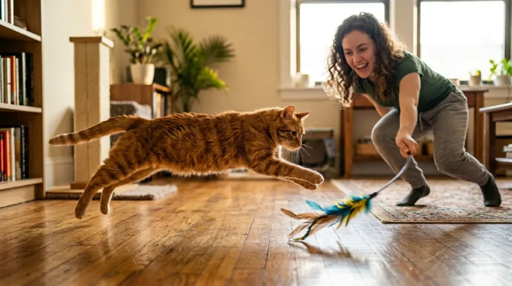exercise indoor cat wand toy — owner moving a feather wand in low erratic bursts while cat sprints and leaps across apartment floor in full cardiovascular exercise