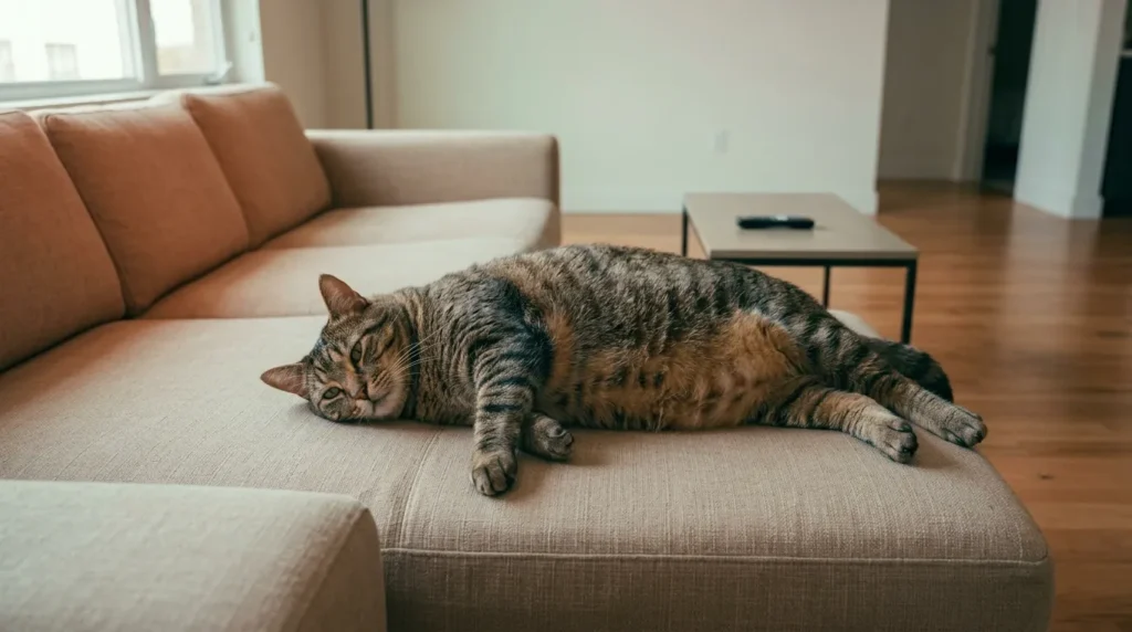 how to exercise indoor cat sedentary problem — overweight cat lying flat on apartment couch showing the result of insufficient daily physical activity