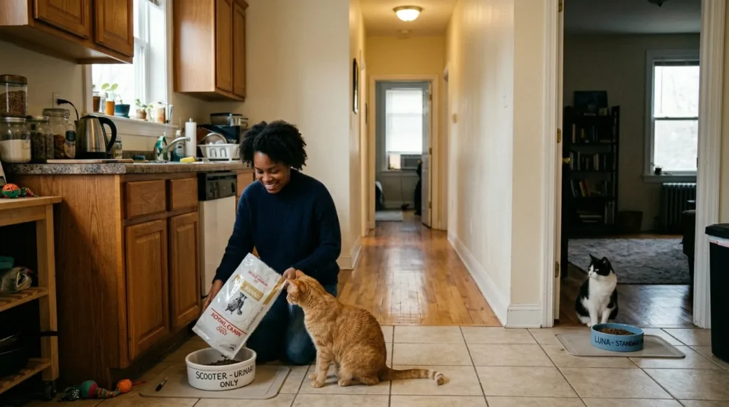 feeding multiple cats separately different diets — owner placing prescription food and standard food in separate rooms with cats waiting