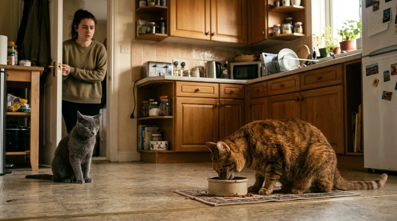 how to feed multiple cats separately — dominant tabby eating from shared bowl while smaller gray cat waits unable to access food in apartment kitchen
