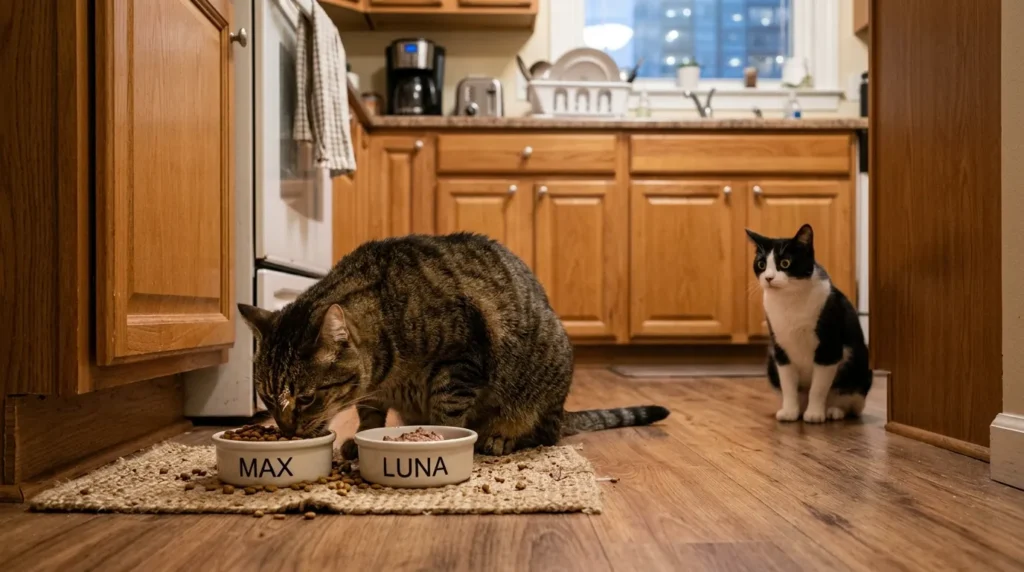 multiple cats feeding separately mistake — dominant cat eating from both bowls placed too close while second cat waits anxiously in apartment kitchen
