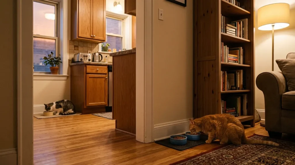 how to feed multiple cats separately nine methods — two cats eating at separate stations in different apartment areas both relaxed