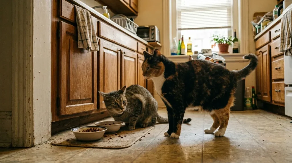 why feed multiple cats separately — one confident cat guarding bowl while second cat eats nervously with flattened ears in apartment kitchen