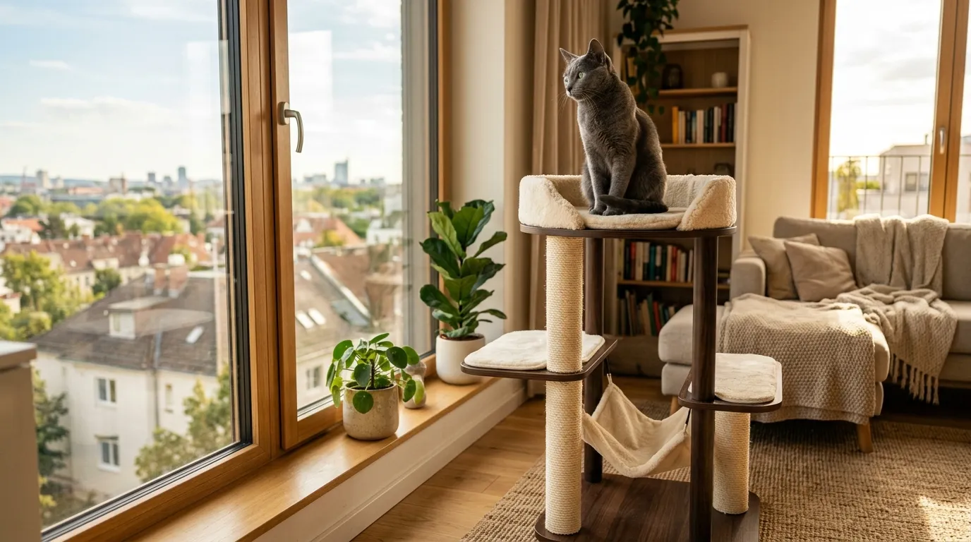 how to get cat to use cat tree — a sleek gray cat sitting confidently on the top perch of a modern cat tree in a sunlit apartment