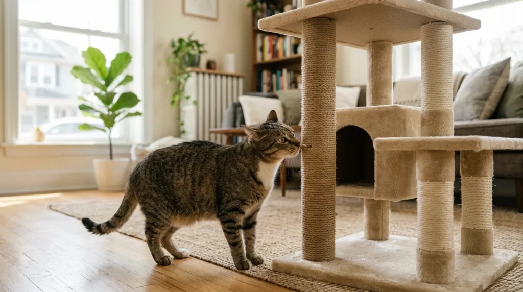 feline territorial behavior — a cat standing cautiously at the base of a brand new cat tree sniffing the material