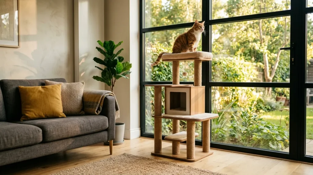 cat tree placement strategy — a cat perched happily on a tree placed between a sofa and a sunny window