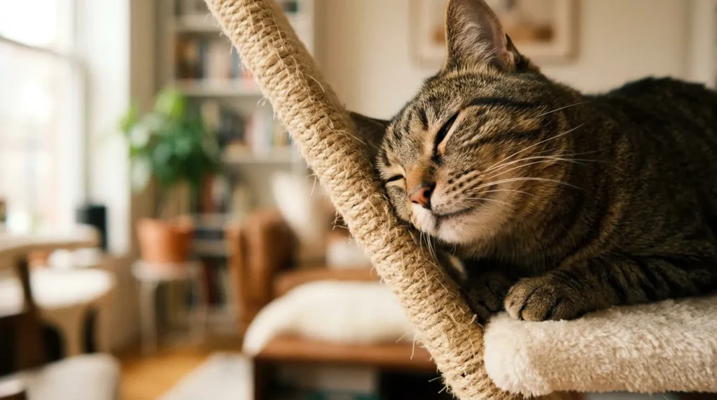 feline pheromones — a cat rubbing its cheek against the corner perch of a cat tree