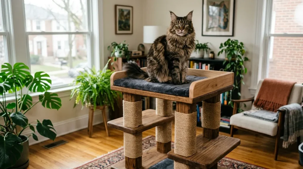 cat tree structural integrity — a large cat sitting firmly on a well-anchored cat tree base
