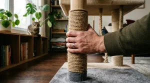 cat tree stability check — a person's hand pressing the post of a cat tree to test wobble