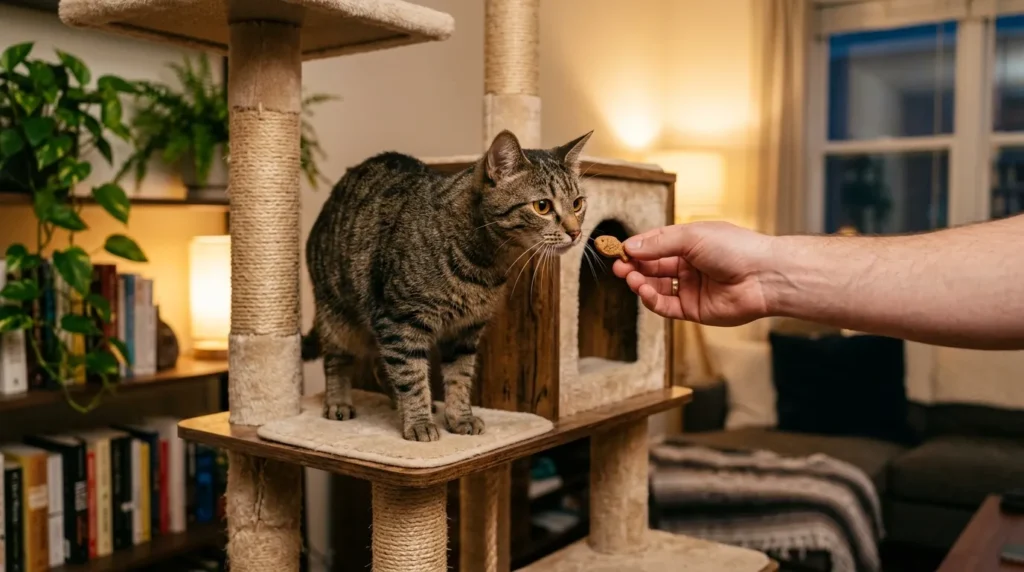 positive reinforcement training — a person offering a treat to a cat standing on a cat tree platform
