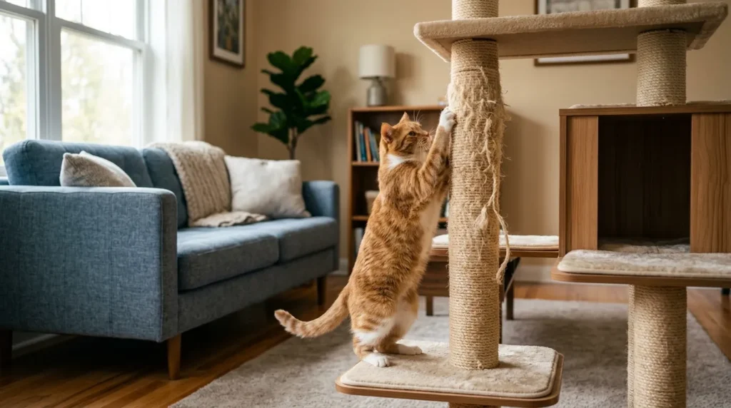 cat scratching surfaces — a cat using a sisal post on a cat tree instead of the sofa 