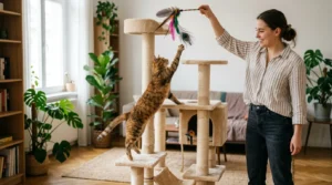 interactive play — a person using a feather wand to lead a cat up a cat tree
