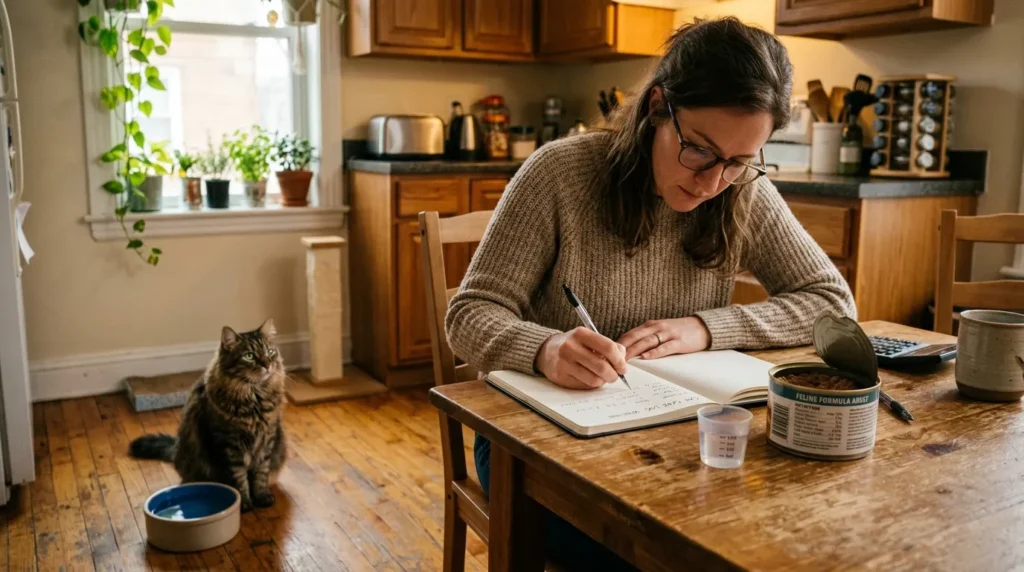 indoor cat daily water needs — owner calculating water intake with food label and measuring cup while cat sits by water bowl