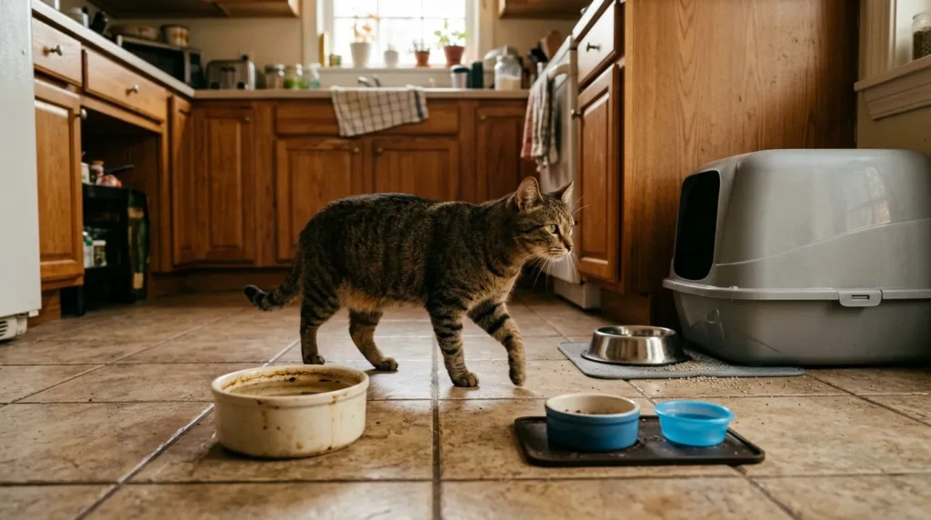 indoor cat hydration mistakes — cat walking past bowl near litter box dirty bowl and tiny plastic bowl in apartment kitchen