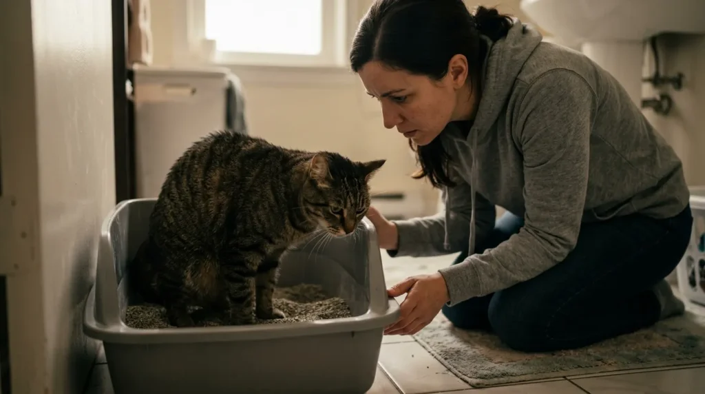 "indoor cat urinary health warning dehydration — cat straining in litter box while worried owner watches in apartment
