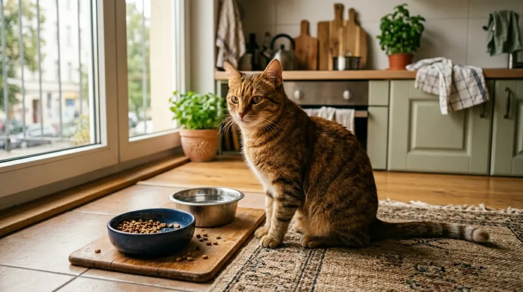 indoor cat low water intake dry food — cat beside half-eaten dry kibble bowl with untouched water bowl in apartment kitchen