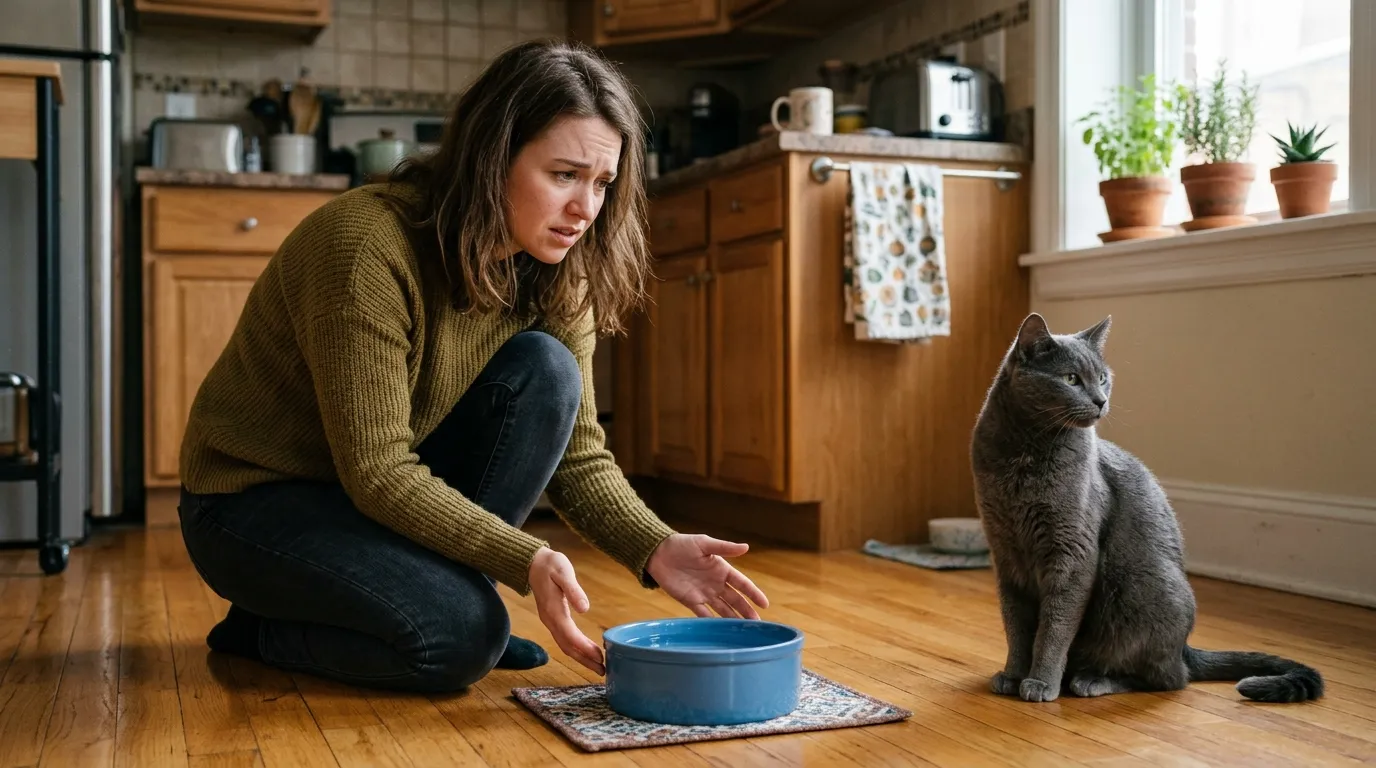 how to get indoor cat to drink more water — worried owner gesturing toward full untouched water bowl while cat ignores it in apartment kitchen