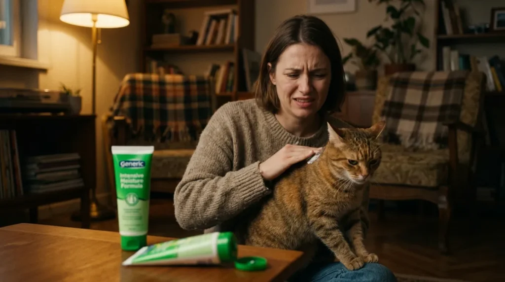 cat dandruff mistake — owner applying wrong product to cat's coat causing irritation