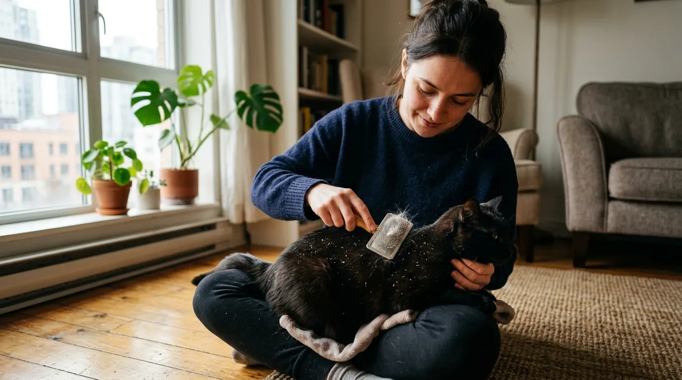 how to get rid of cat dandruff — owner brushing dark-coated cat showing white flakes on fur
