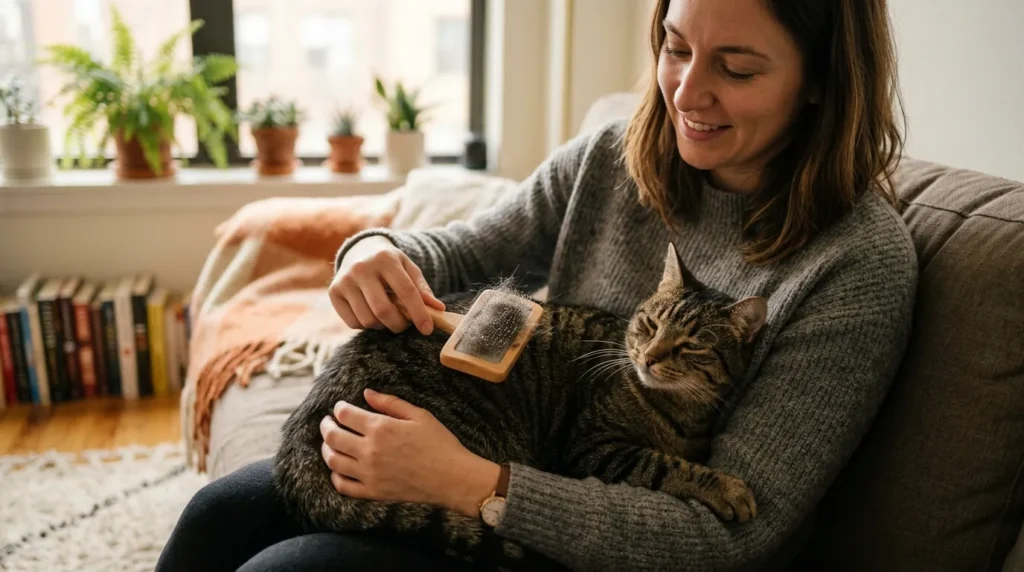 how to get rid of cat dandruff at home — owner brushing tabby cat collecting flakes with slicker brush