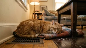 humidifier for cat dandruff — small humidifier running near sleeping cat in apartment living room