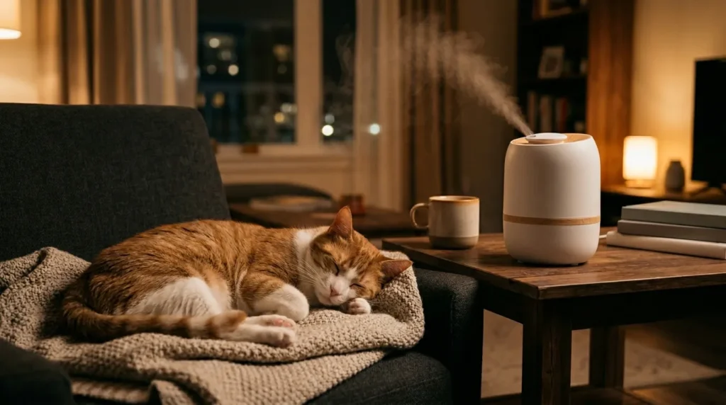 why indoor cats get dandruff — senior tabby sitting near heating vent with dry fur in apartment