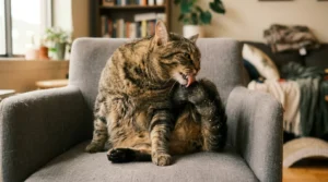 obese indoor cat grooming difficulty — overweight tabby unable to reach lower back showing dandruff risk