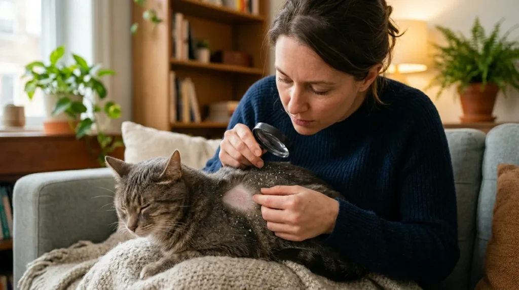 distinguishing cat dandruff from skin problems — owner inspecting cat's skin closely in apartment