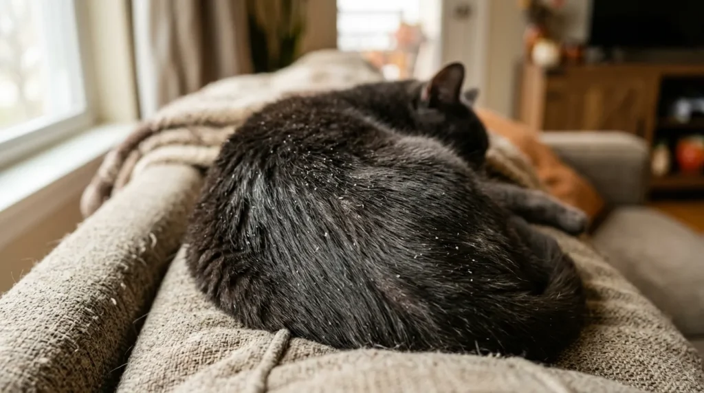 what is cat dandruff — close-up of dark cat's back showing white skin flakes on fur