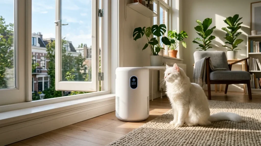 cat smell apartment air quality — air purifier running near open window with white cat on rug in bright apartment