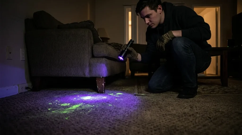 blacklight detection cat urine apartment — person scanning floor with UV flashlight revealing hidden glowing urine spots