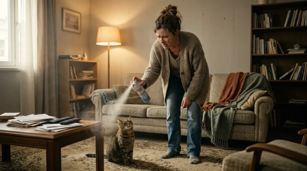 cat smell apartment mistakes — owner spraying air freshener at unimpressed cat on carpet in apartment living room