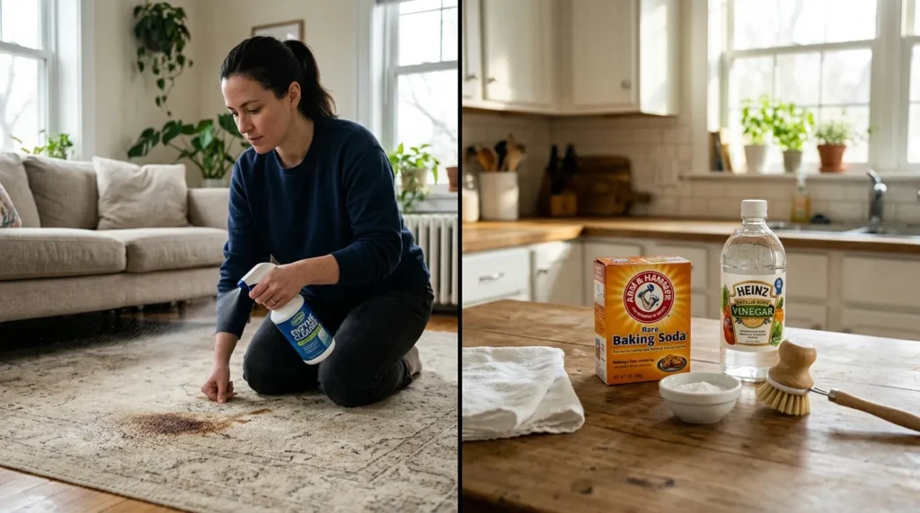 enzymatic cleaner vs baking soda vinegar cat smell — person spraying enzyme bottle on carpet next to DIY ingredients on counter
