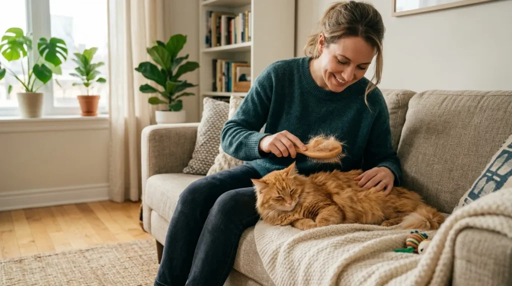 cat grooming apartment smell — person brushing orange tabby cat on sofa to reduce shedding and dander odor