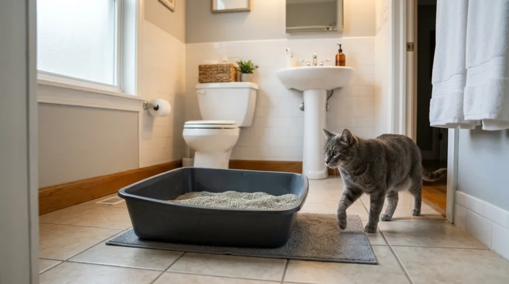 litter box odor apartment — gray cat approaching clean freshly scooped litter box in apartment bathroom