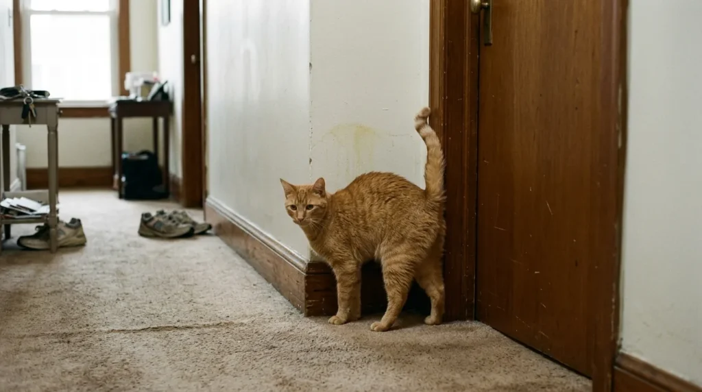 cat marking behavior apartment smell — cat in spraying posture near apartment wall doorframe with faint stain