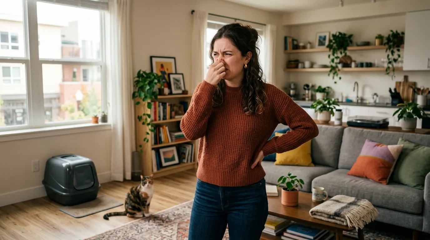 how to get rid of cat smell in apartment — woman standing in apartment holding nose near litter box with cat nearby