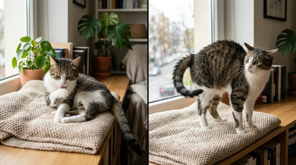 cat body language during grooming — relaxed cat beside stressed cat showing when to stop grooming