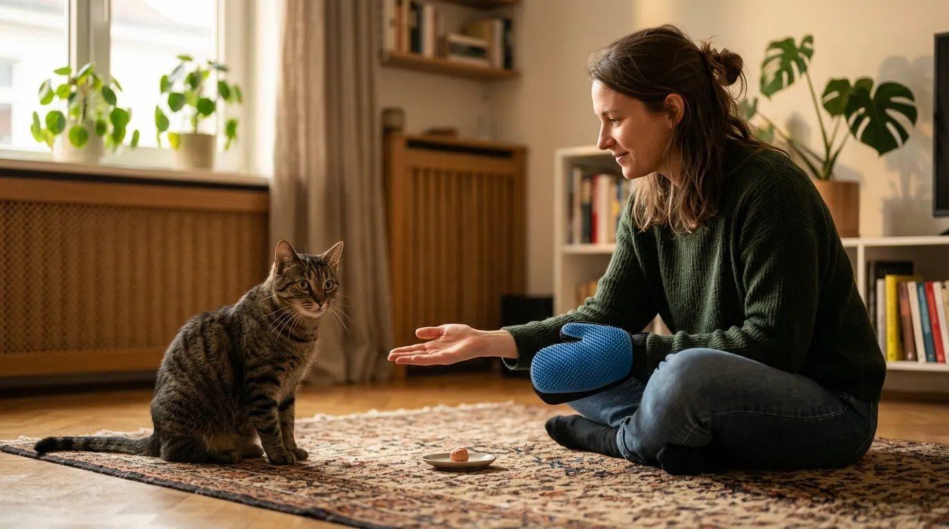how to groom cat that hates being touched — owner using grooming mitt with cautious cat in apartment
