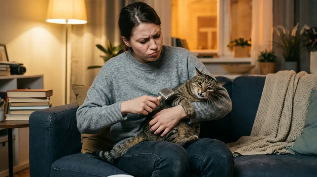 grooming mistake touch-averse cat — owner attempting to restrain struggling cat during grooming session