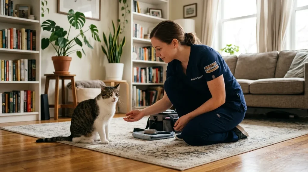 professional grooming for touch-averse cat — fear free groomer working with nervous cat in apartment