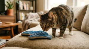 cat investigating grooming mitt — curious touch-averse cat sniffing grooming glove on apartment couch