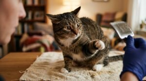 cat stress signals during grooming — cat showing early warning signs with ears back and raised paw