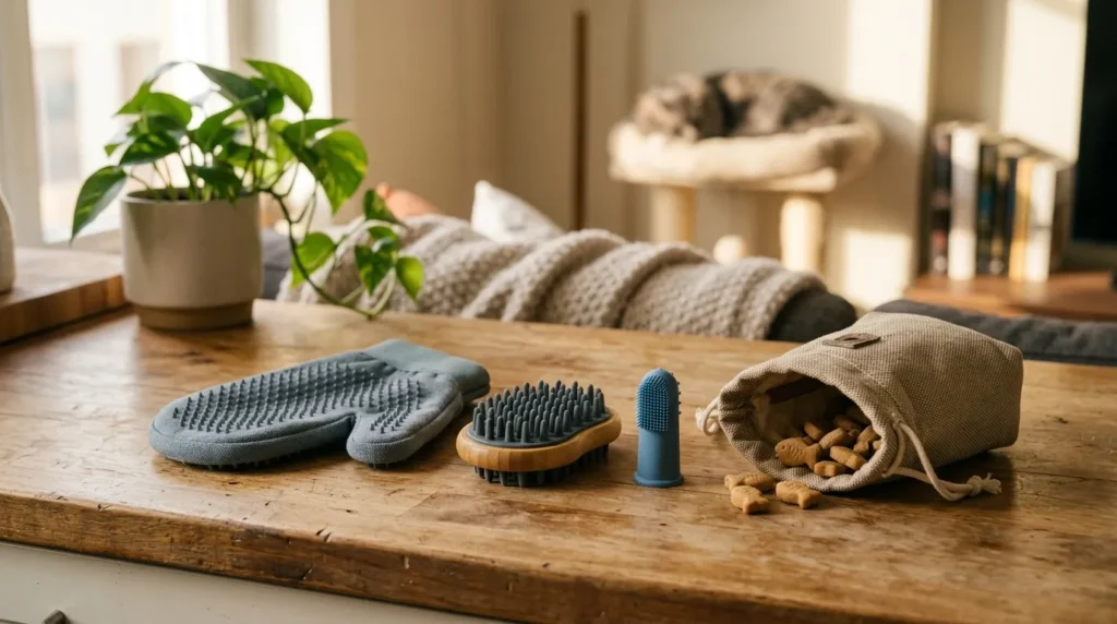grooming tools for touch-averse cats — grooming mitt rubber brush and finger brush on apartment surface